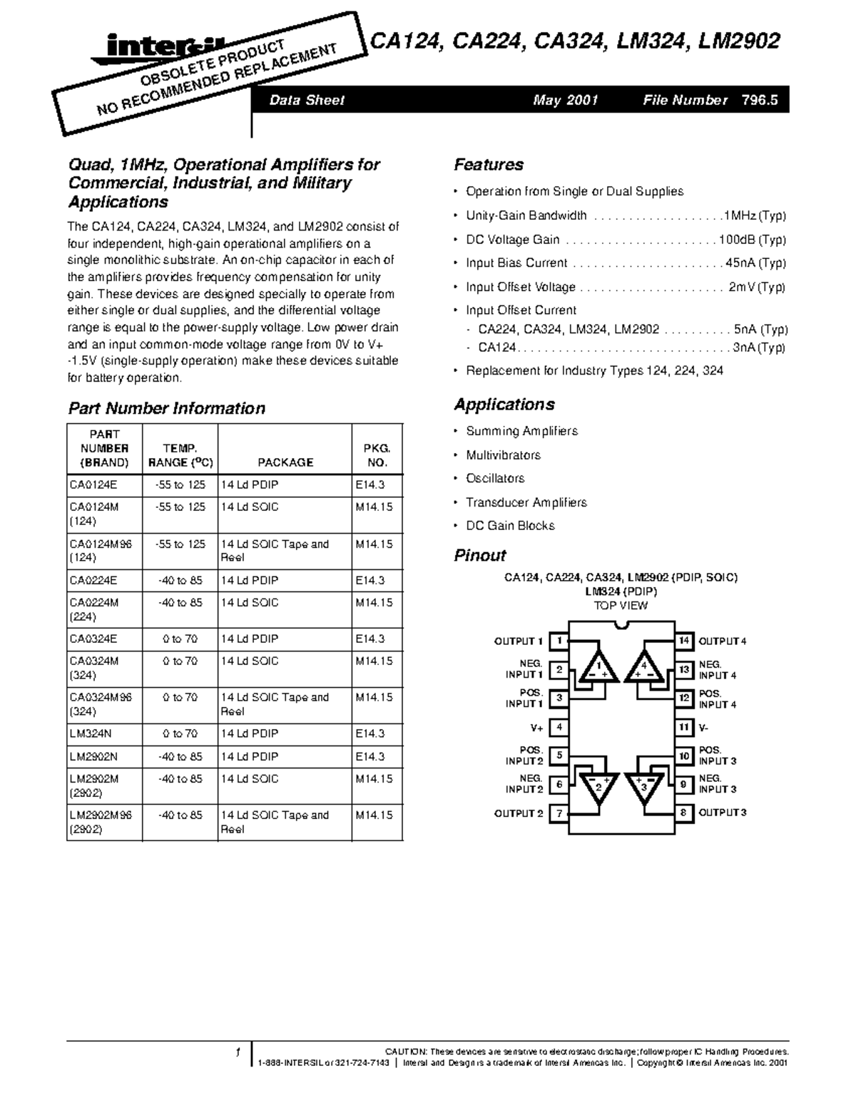 CA124, CA224, CA324, LM324, LM2902 Operational Amplifiers Data Sheet ...
