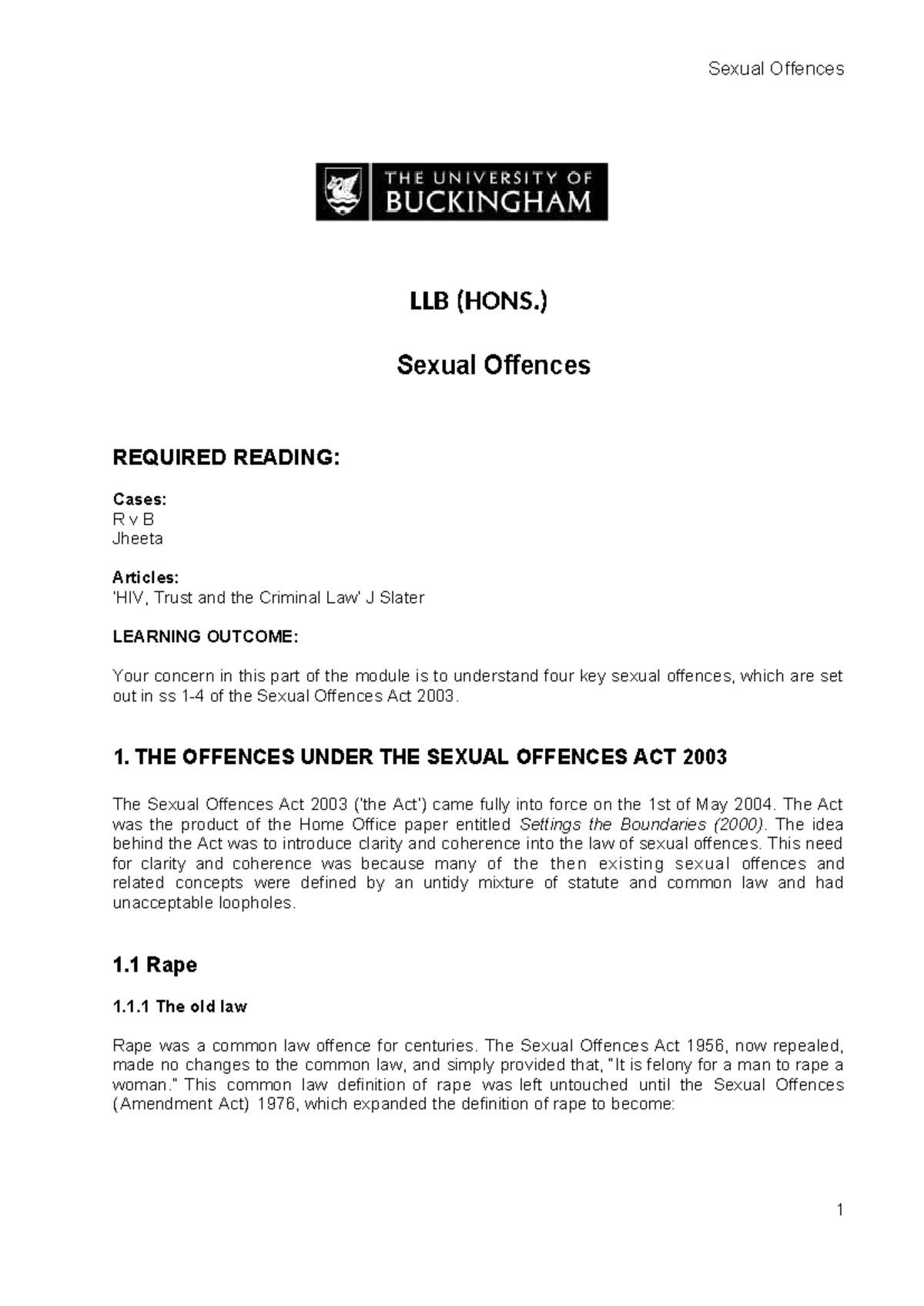Sexual Offences LLB (HONS.): Analysis of Key Offences & Case Law - Studocu