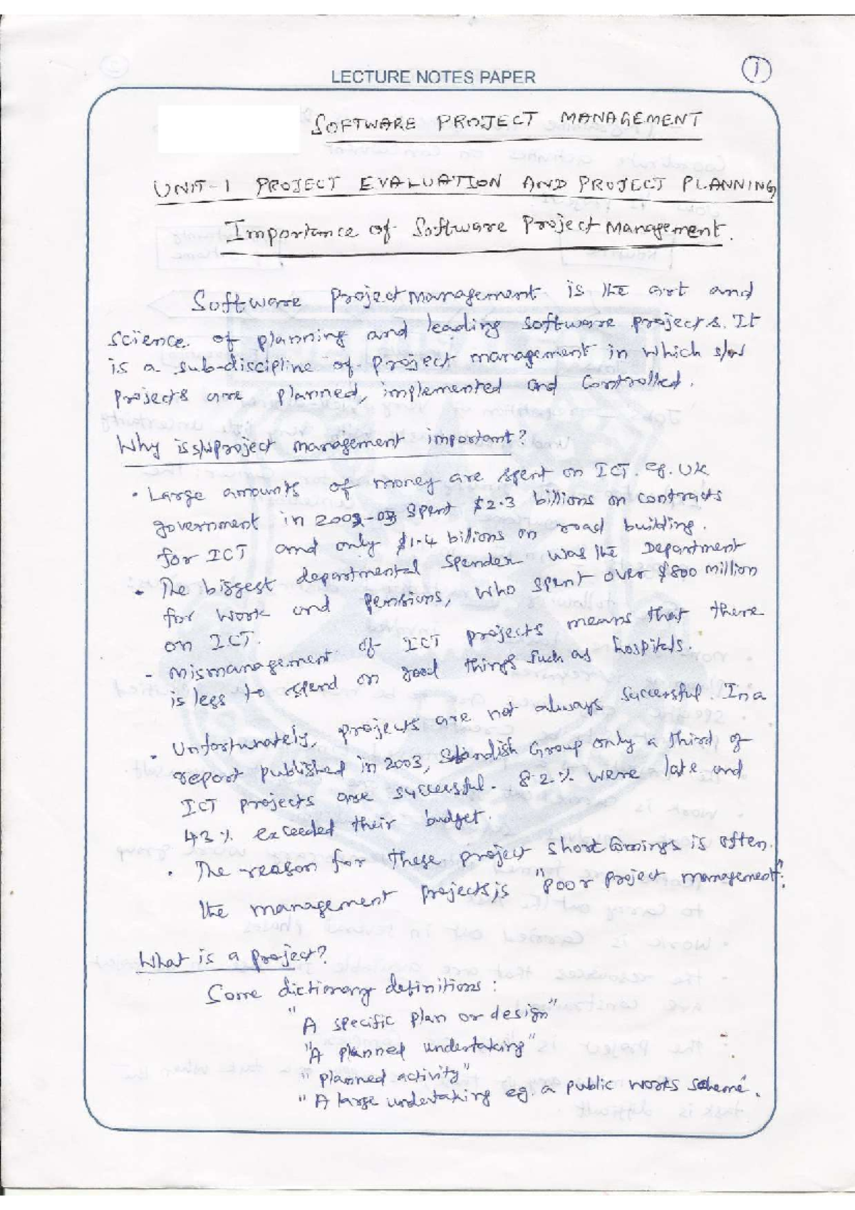 SPM 101: Unit 1 Comprehensive Lecture Notes on Project Management - Studocu