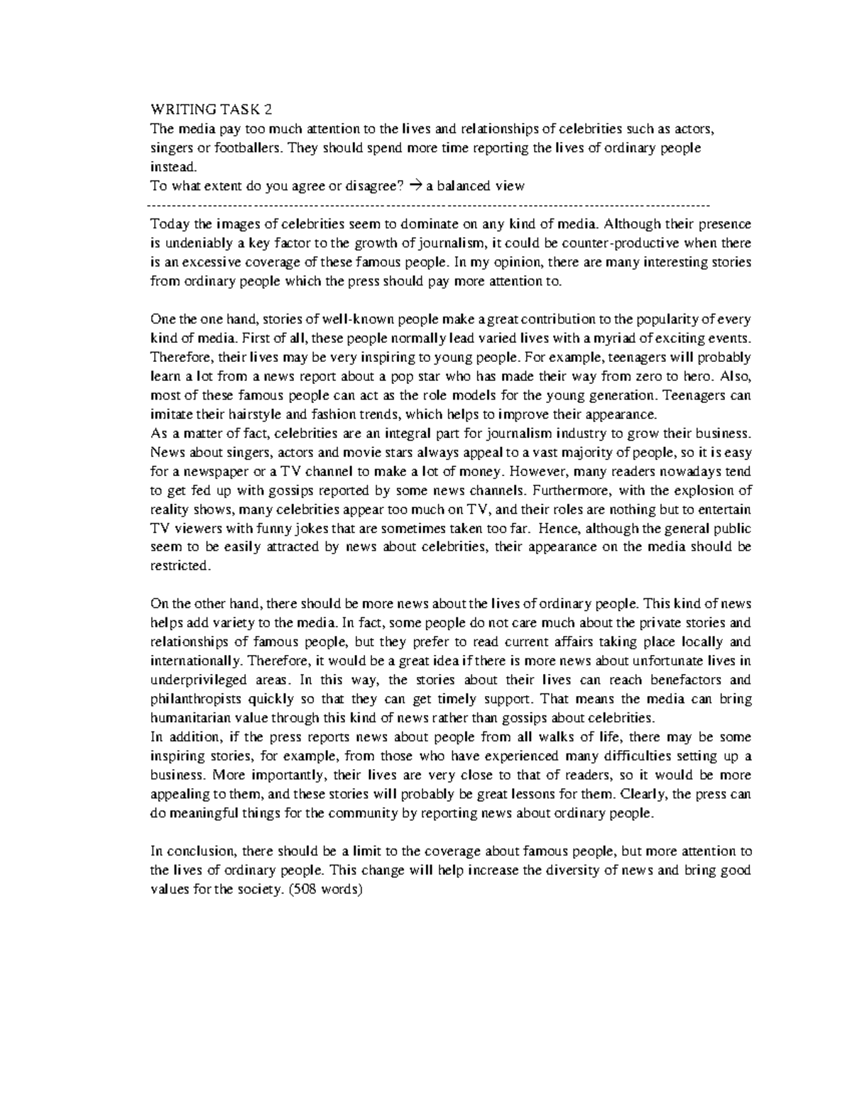 AV5 U4 Writing Sample Answer - WRITING TASK 2 The media pay too much ...