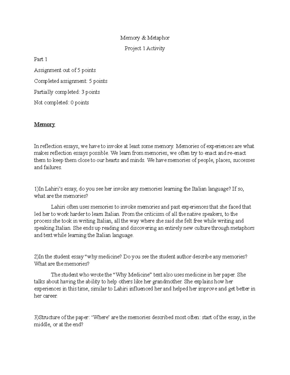 Lesson on memory - Memory & Metaphor Project 1 Activity Part 1 ...