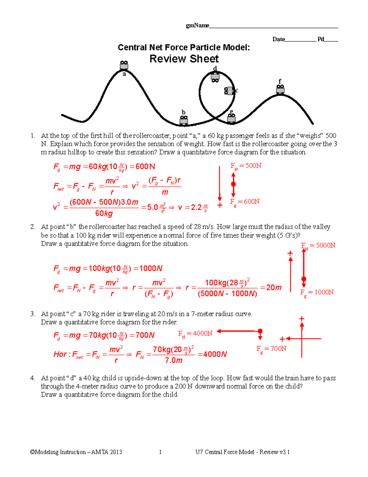 Central Net Force Review Answers - Physics U7 Worksheet - Studocu