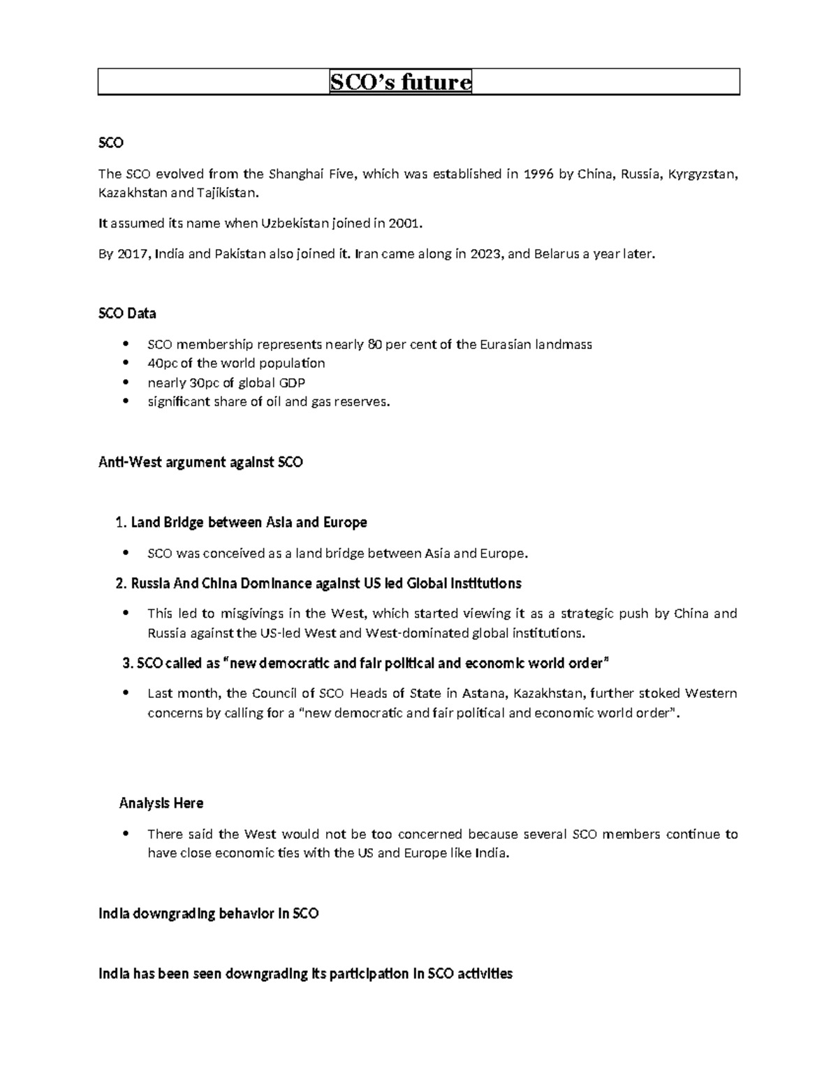 SCO Future - notes - SCO’s future SCO The SCO evolved from the Shanghai ...