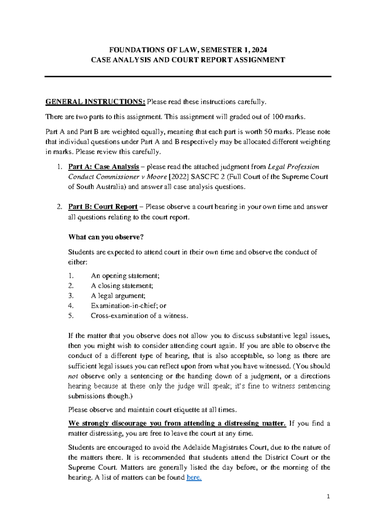 FOUNDATIONS OF LAW (LAW101) SEM 1, 2024: CASE ANALYSIS & COURT REPORT ...