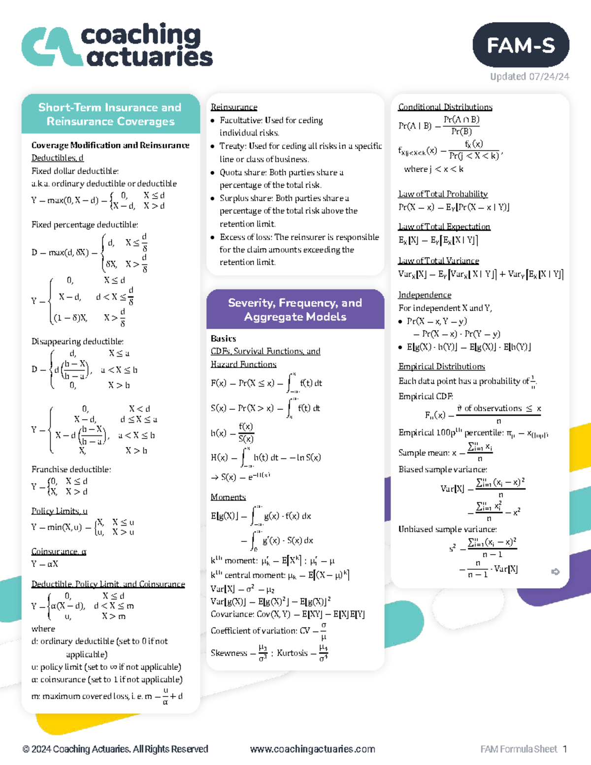 FAM Formula Sheet for Insurance Coverages and Reinsurance Concepts ...