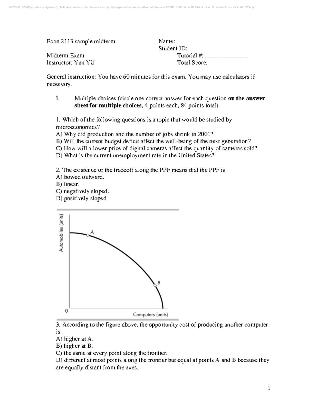 (ECON2113) 2020 Sample Midterm Exam Questions and Guidelines - Studocu