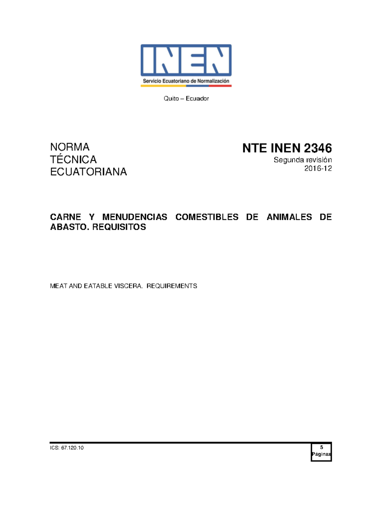 NTE INEN 2346-2: Requisitos para Carne y Menudencias Comestibles - Document Preview