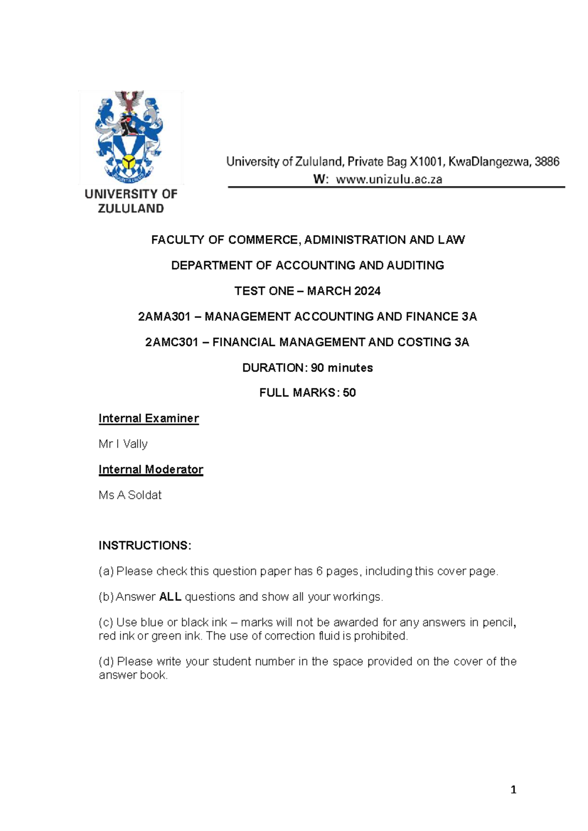 2AMA301 & 2AMC301 Test One: Management Accounting & Finance - March ...