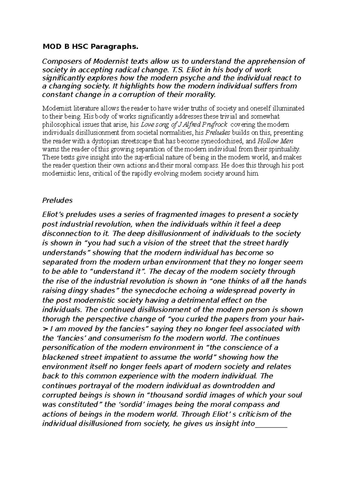 MOD B HSC Paragraphs - T.S. Eliot's Modernist Exploration - Studocu