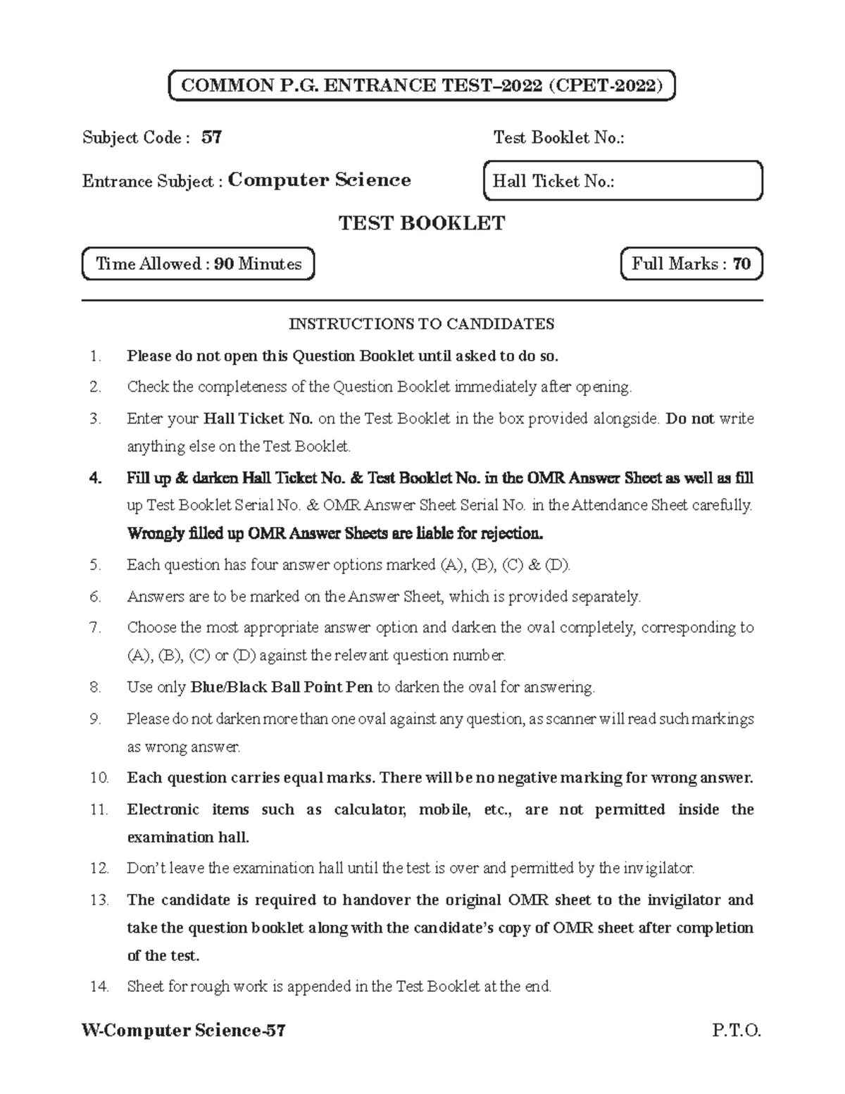 Computer Science Entrance Exam - Test Booklet No. 57 - Studocu