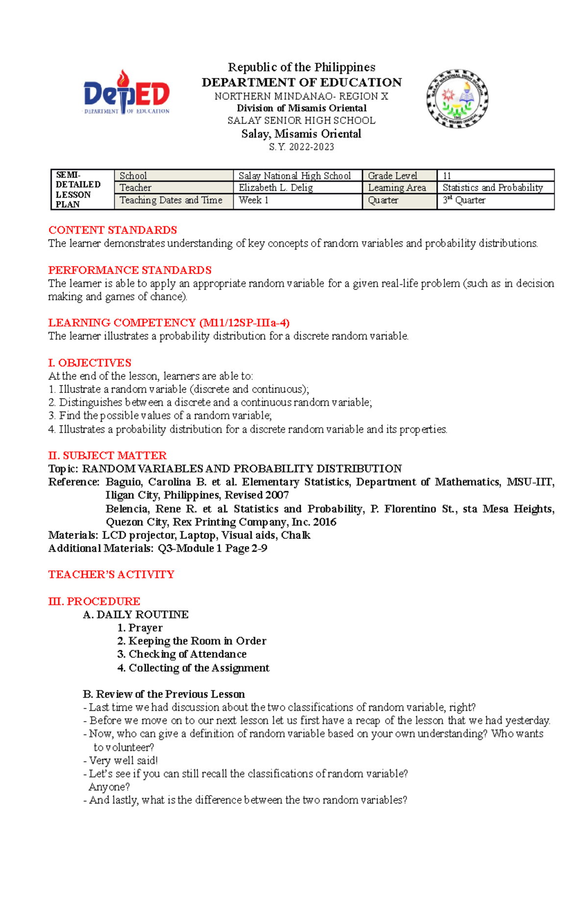 M11/12SP Week 1 Semi-Detailed Lesson Plan on Random Variables - Studocu