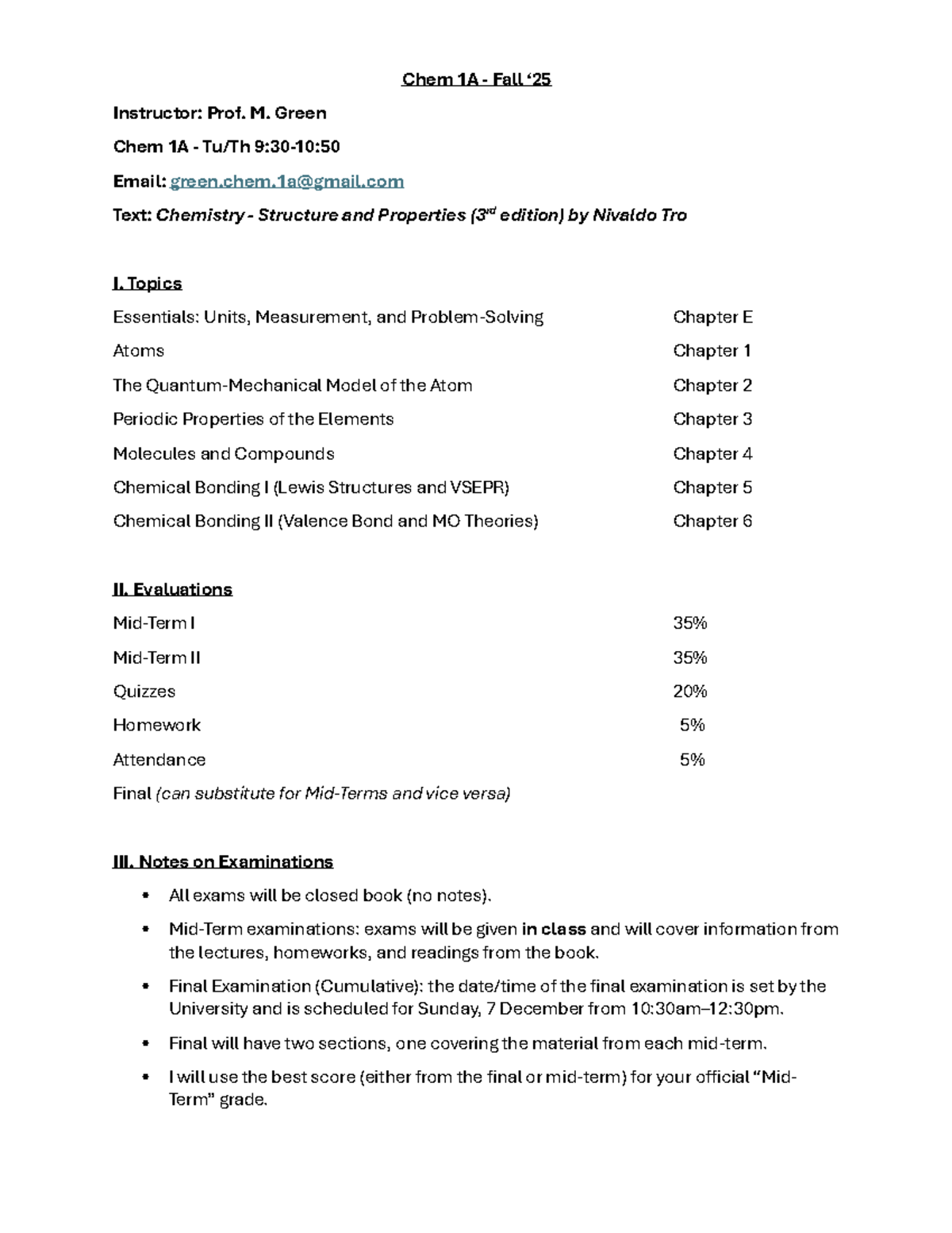 Chem 1A Fall Syllabus & Exam Guidelines with Prof. M. Green - Studocu