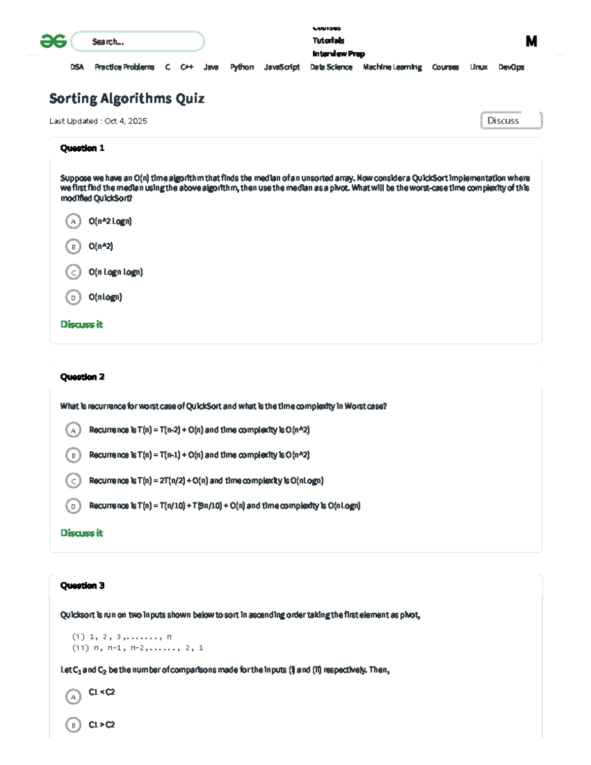 Sorting Algorithms Quiz - DSA Course - Studocu