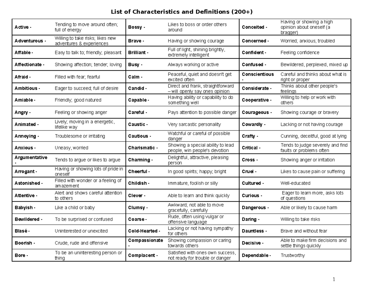 21422849 Characteristic List &amp; Definitions: Traits Explained - Studocu