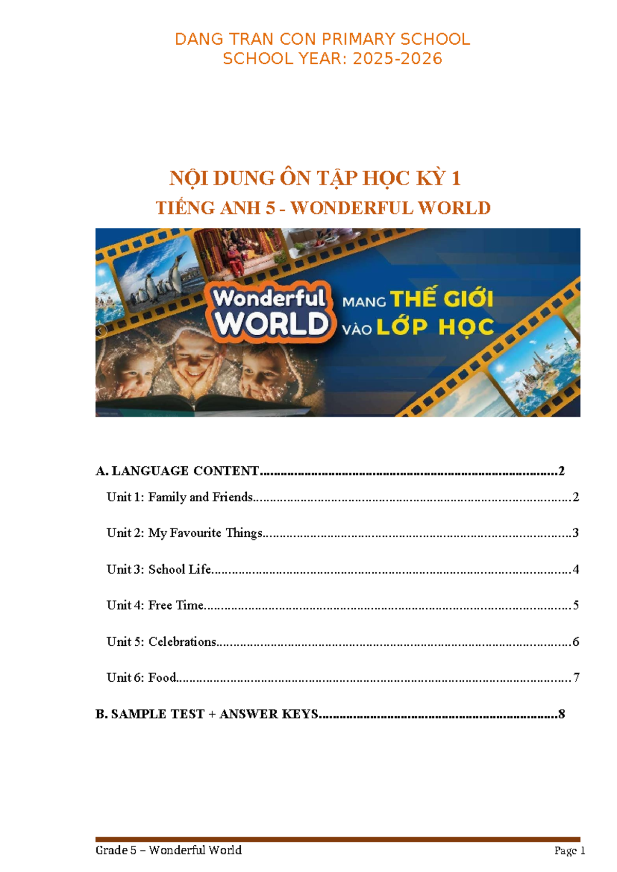 Nội Dung Ôn Tập Học Kỳ 1 Tiếng Anh 5 - Wonderful World - Studocu