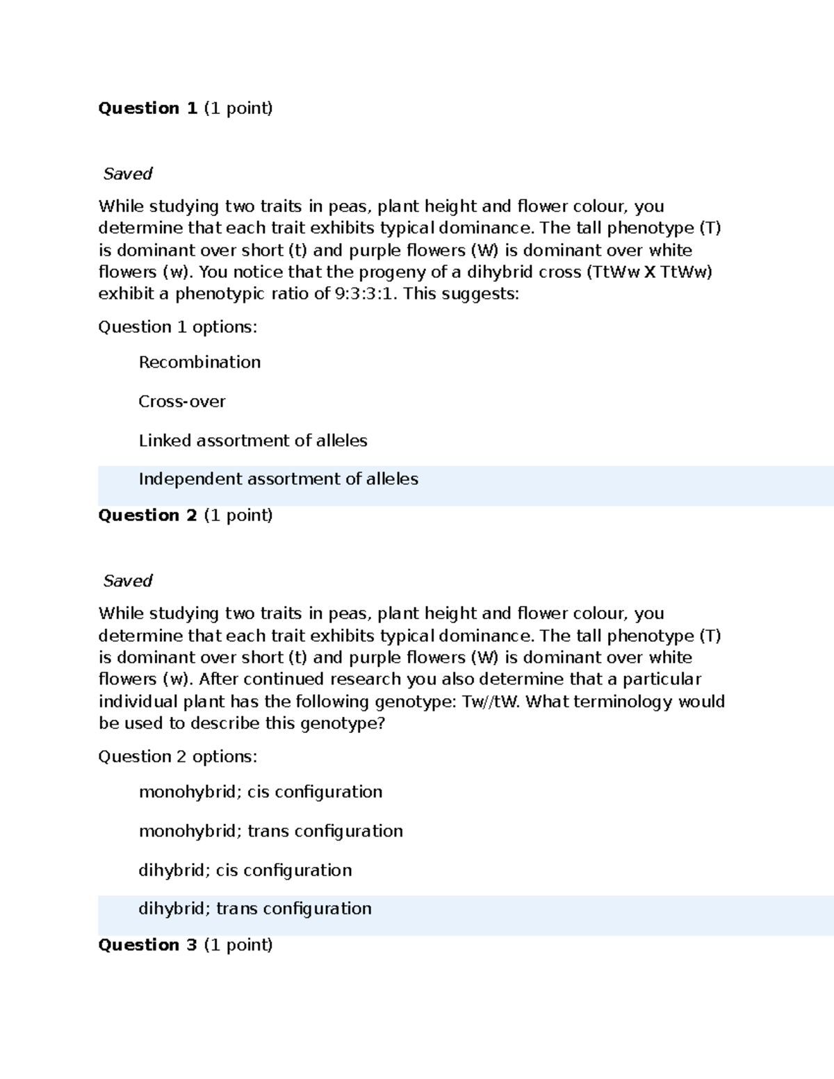 Quiz 4 - Genetics Dihybrid Cross Analysis for Course Code: BIO101 - Studocu