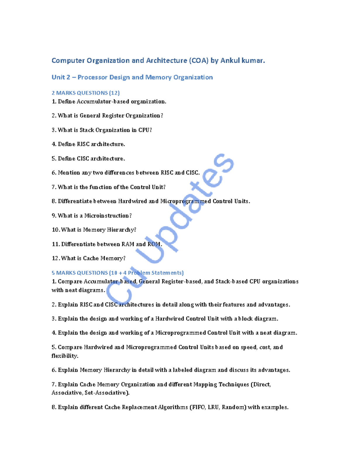 COA Unit 2 Important Questions on Processor Design & Memory Org. - Studocu