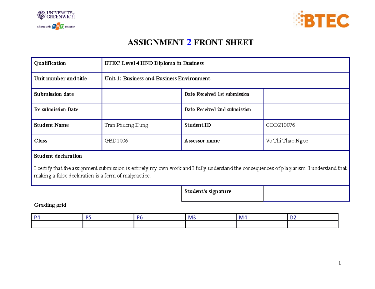 2 - business and business - ASSIGNMENT 2 FRONT SHEET Qualification BTEC ...