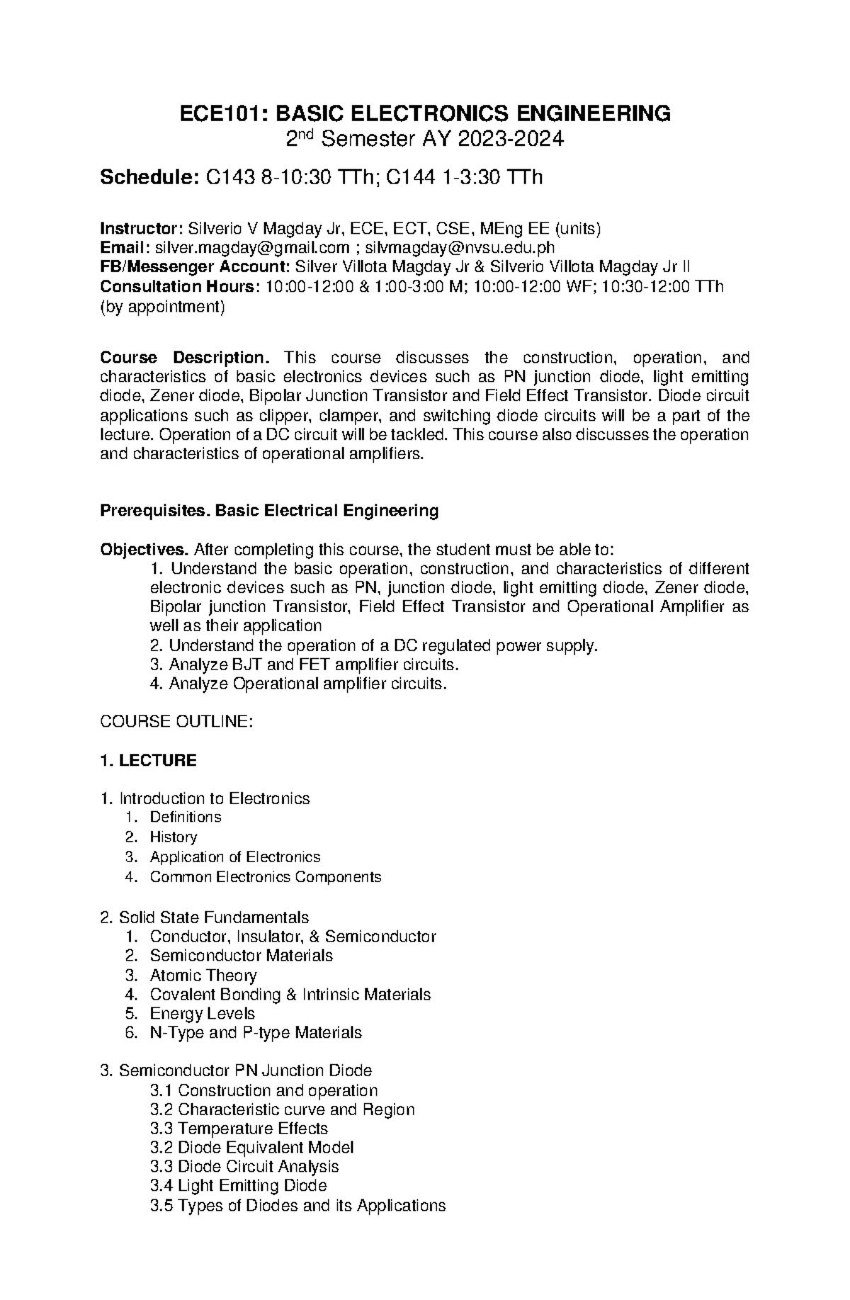 ECE101: Basic Electronics 2024 Course Outline and Lab Sources - Studocu