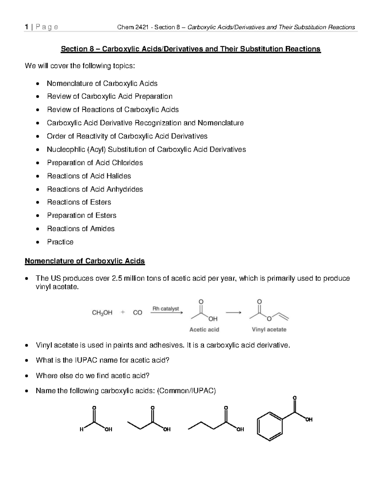 Chem 2421 Final Exam Notes: Carboxylic Acids & Substitution Reactions ...