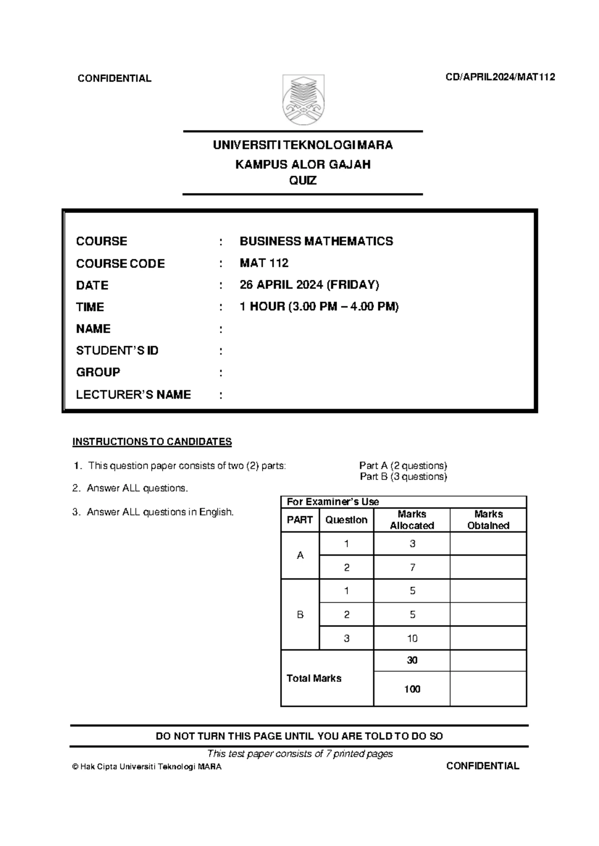 SET A QUIZ MAT 112: BUSINESS MATHEMATICS - NOV 2024 - Studocu