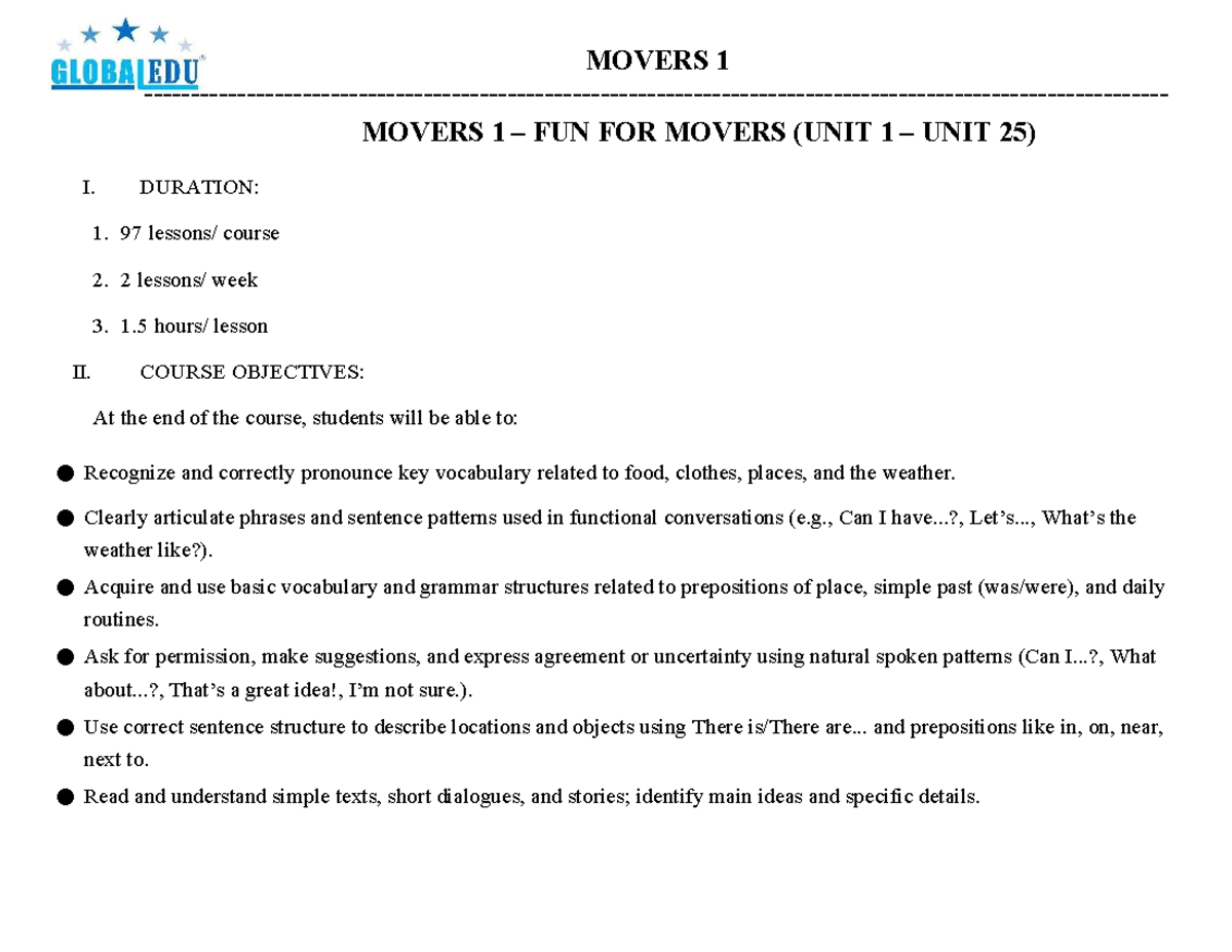 MOVERS 1 - Course Syllabus Overview and Objectives - Studocu