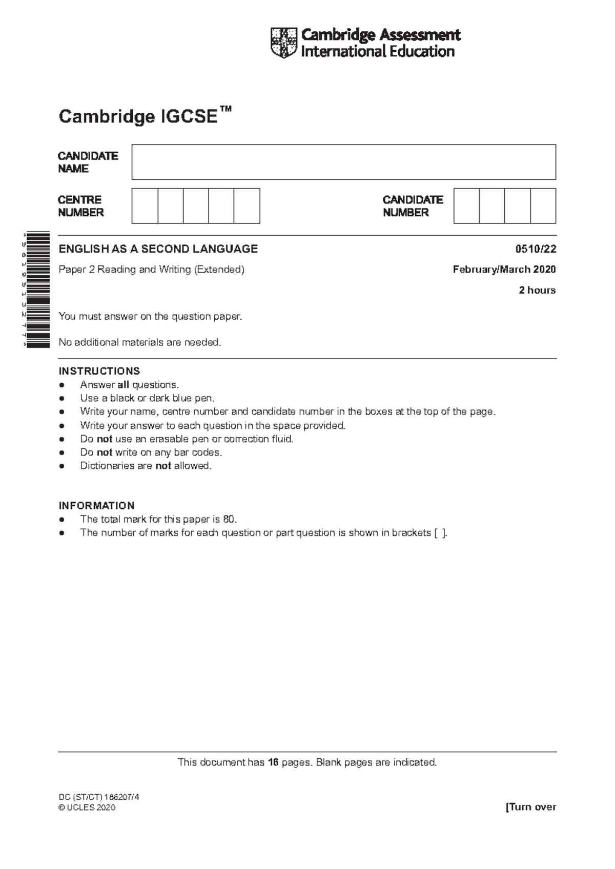 Cambridge IGCSE English as a Second Language 0510/22 Exam