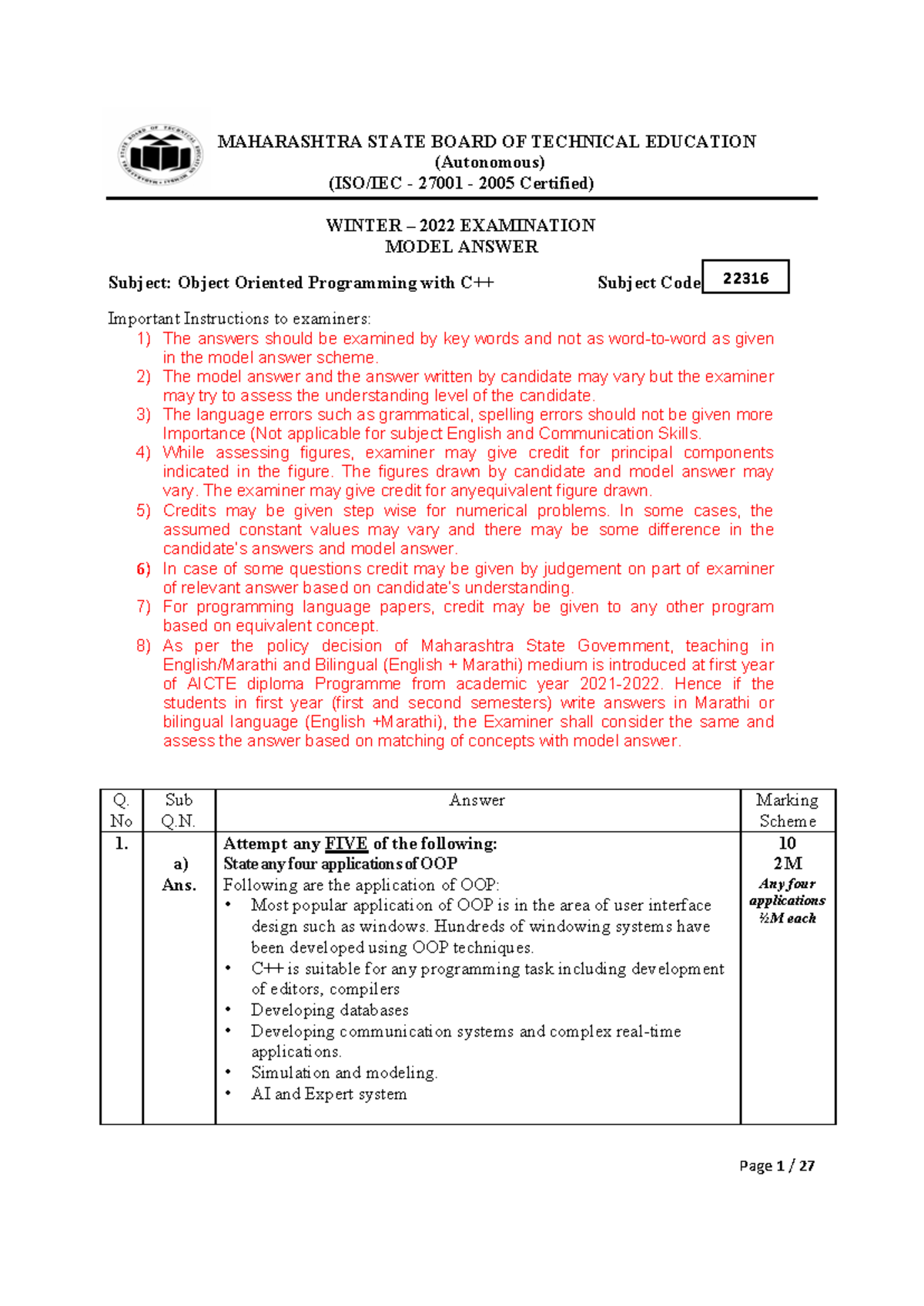 Model Answer Paper for Object-Oriented Programming (22316) - Winter ...