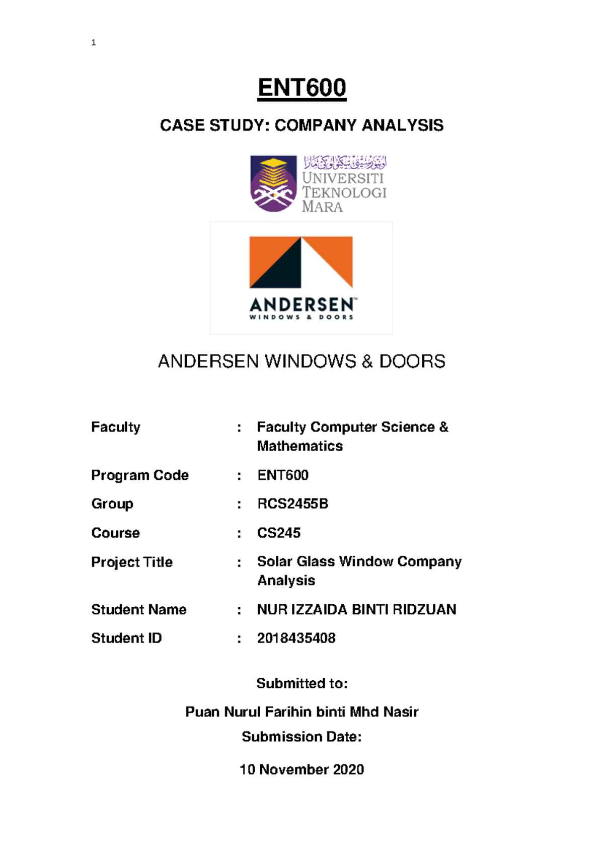 CASE Study: Andersen Windows & Doors Analysis (ENT CS) - Studocu