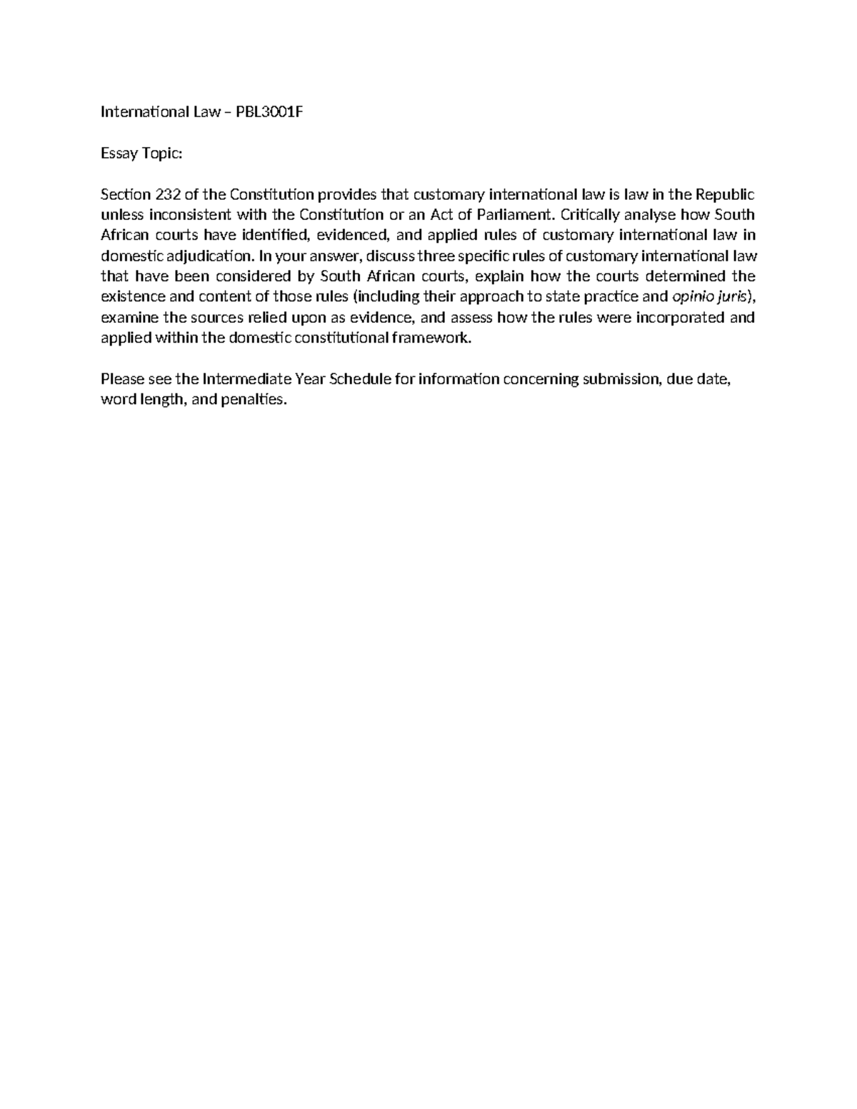 PBL3001F International Law Essay: Customary Law in SA Courts - Studocu