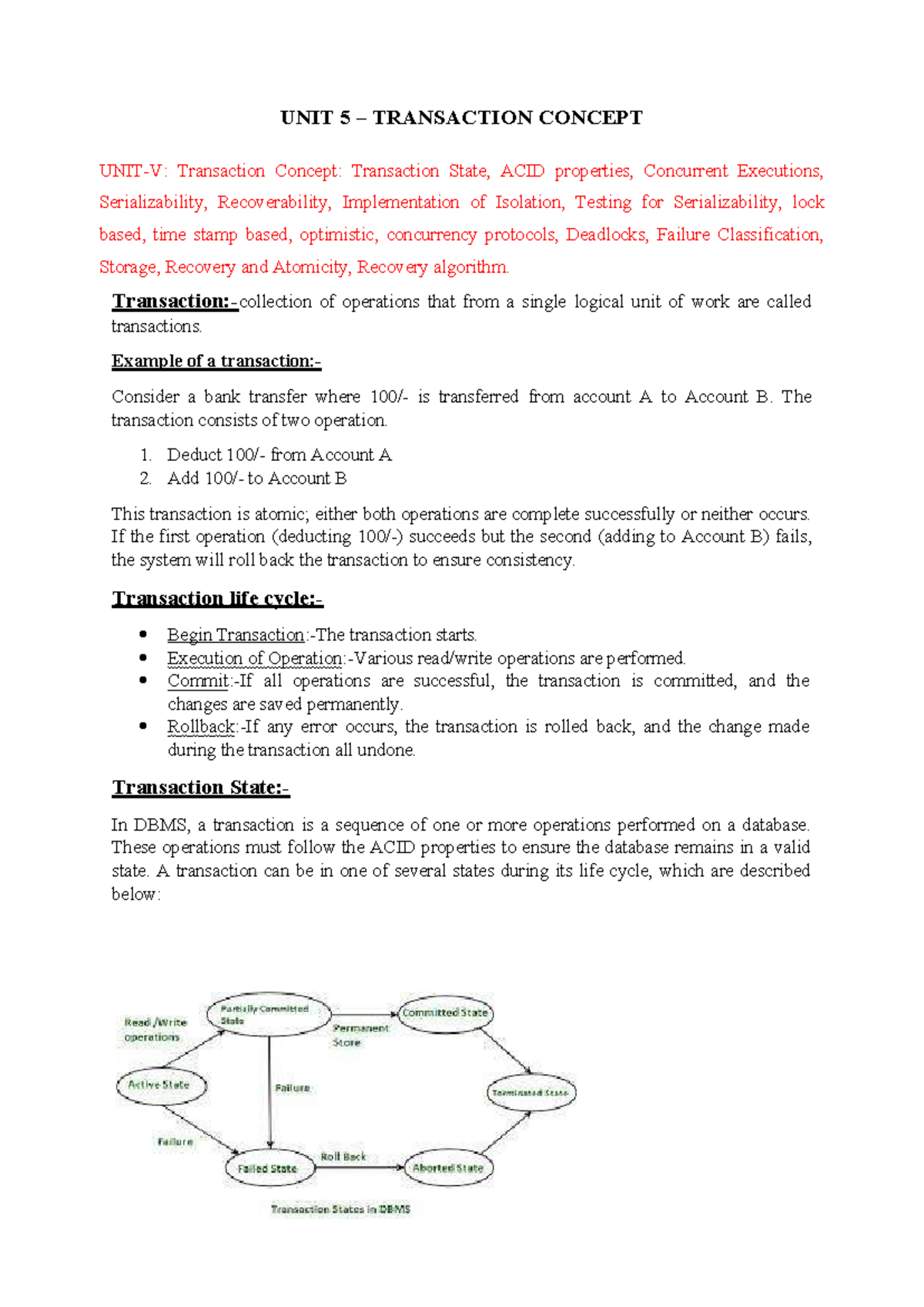 UNIT 5: Transaction Concept in DBMS - ACID, States, and Protocols - Studocu