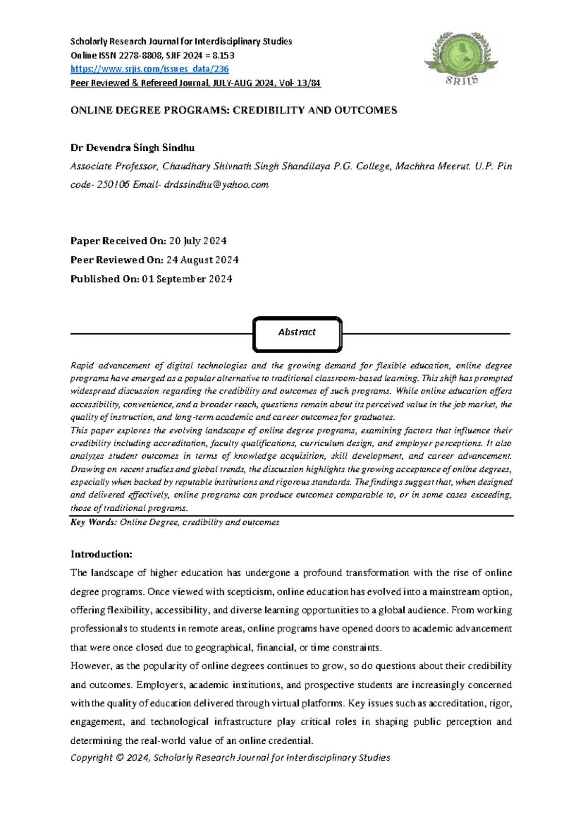 Online Degree Programs: Credibility and Outcomes Analysis (SJIF 2024 ...