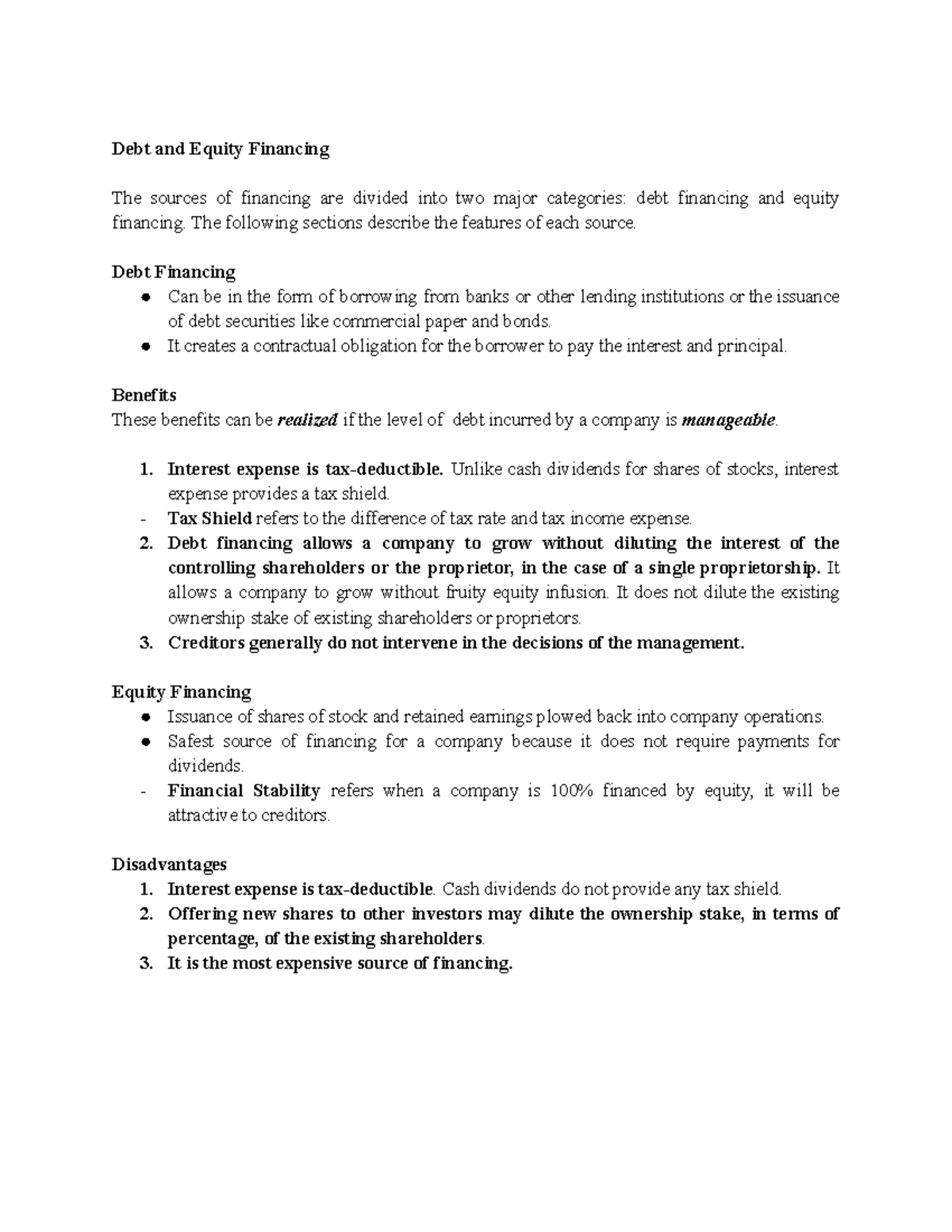 Business Finance: Debt and Equity Financing Overview (BF101) - Studocu