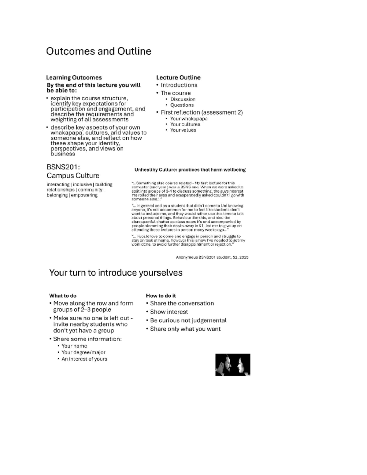 BSNS201: Week 1 Lecture Outcomes and Course Structure Overview - Studocu