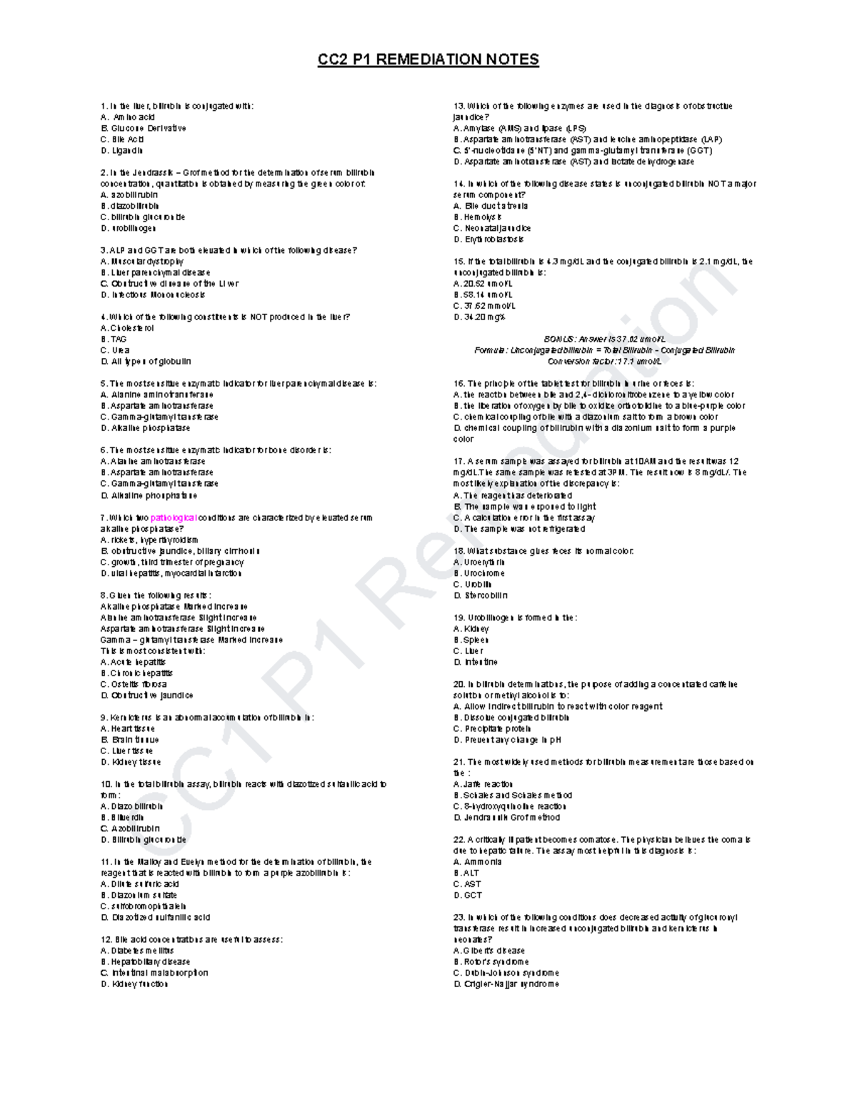 CC2 P1 REMEDIATION NOTES: BILIRUBIN & LIVER FUNCTION TESTS - Studocu