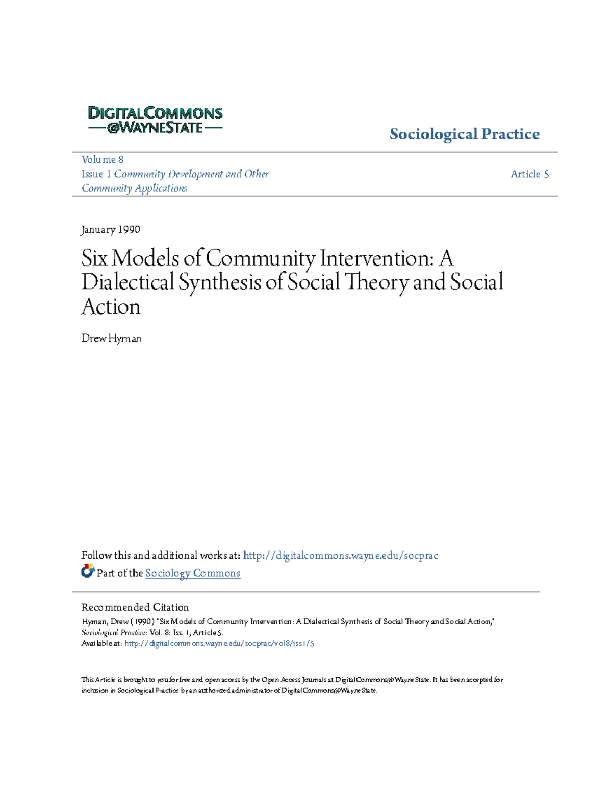 Six Models of Community Intervention: A Synthesis of Theory and Action ...