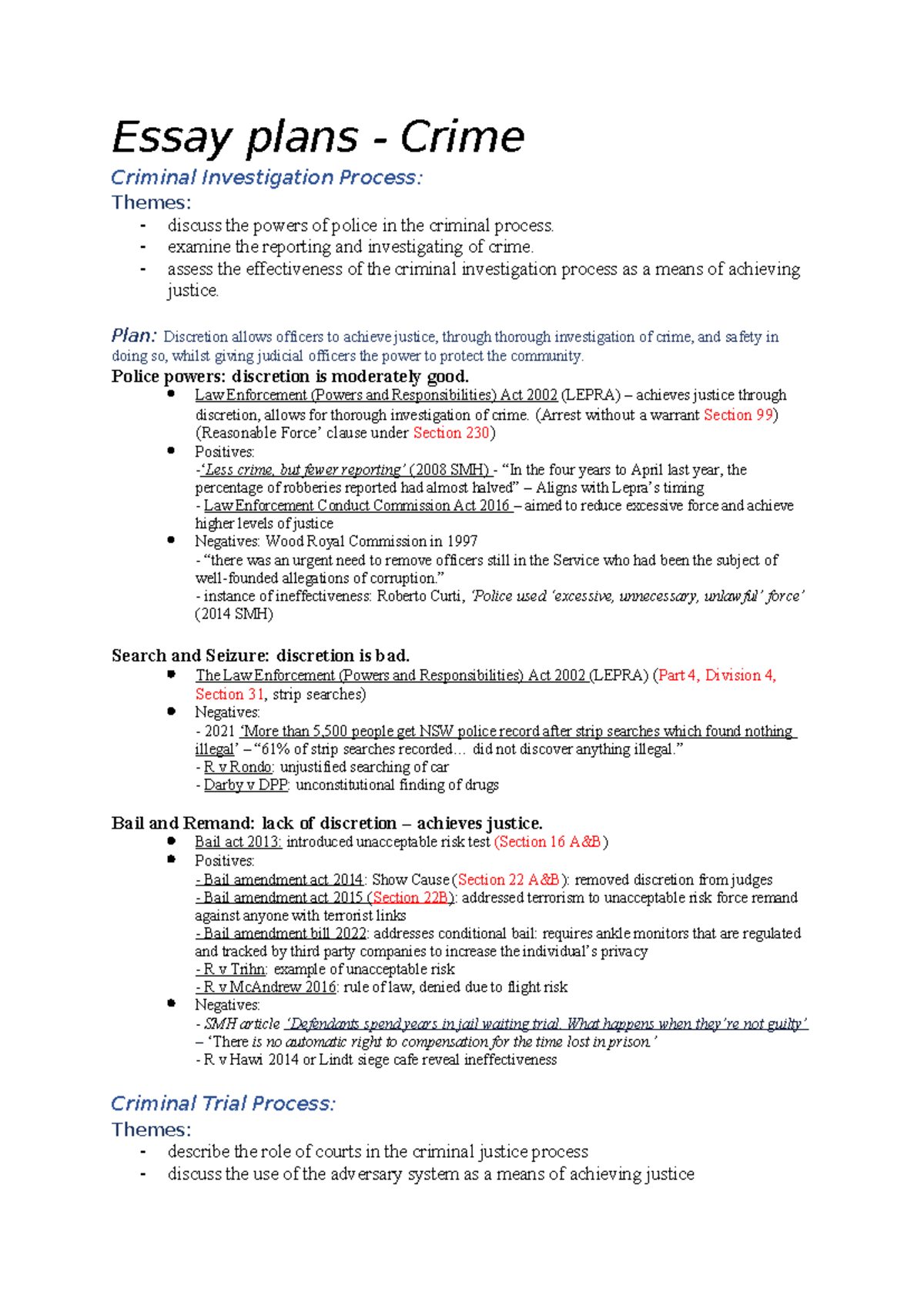 HSC Legal Essay Plans: Crime & Criminal Investigation Process - Studocu