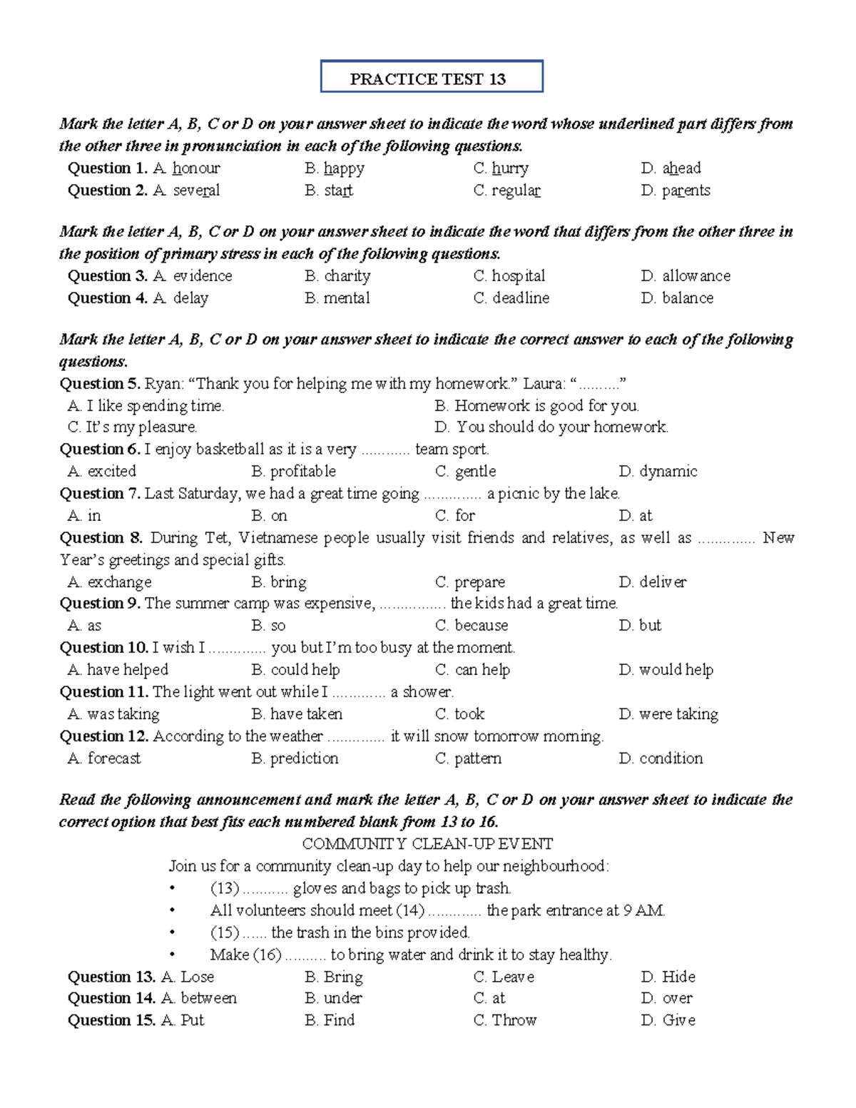 PRACTICE TEST 13: Pronunciation and Stress Questions - Studocu