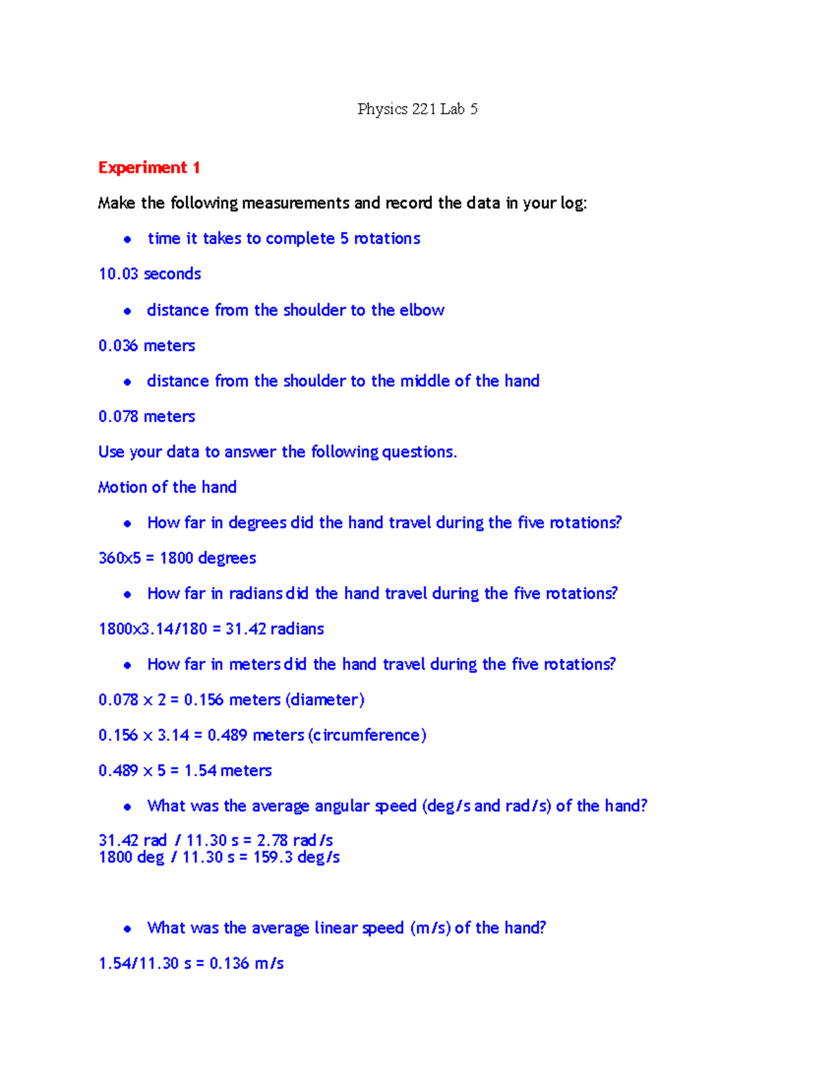 Lab 5 - Physics 221: Hand and Elbow Motion Experiment Analysis - Studocu