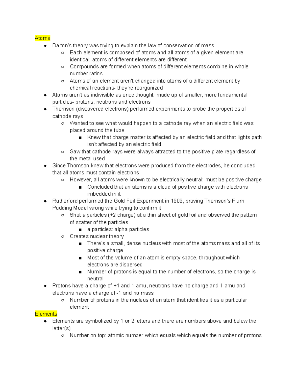 Chem 101 Chapter 4 Lecture Notes on Atoms and Elements - Studocu