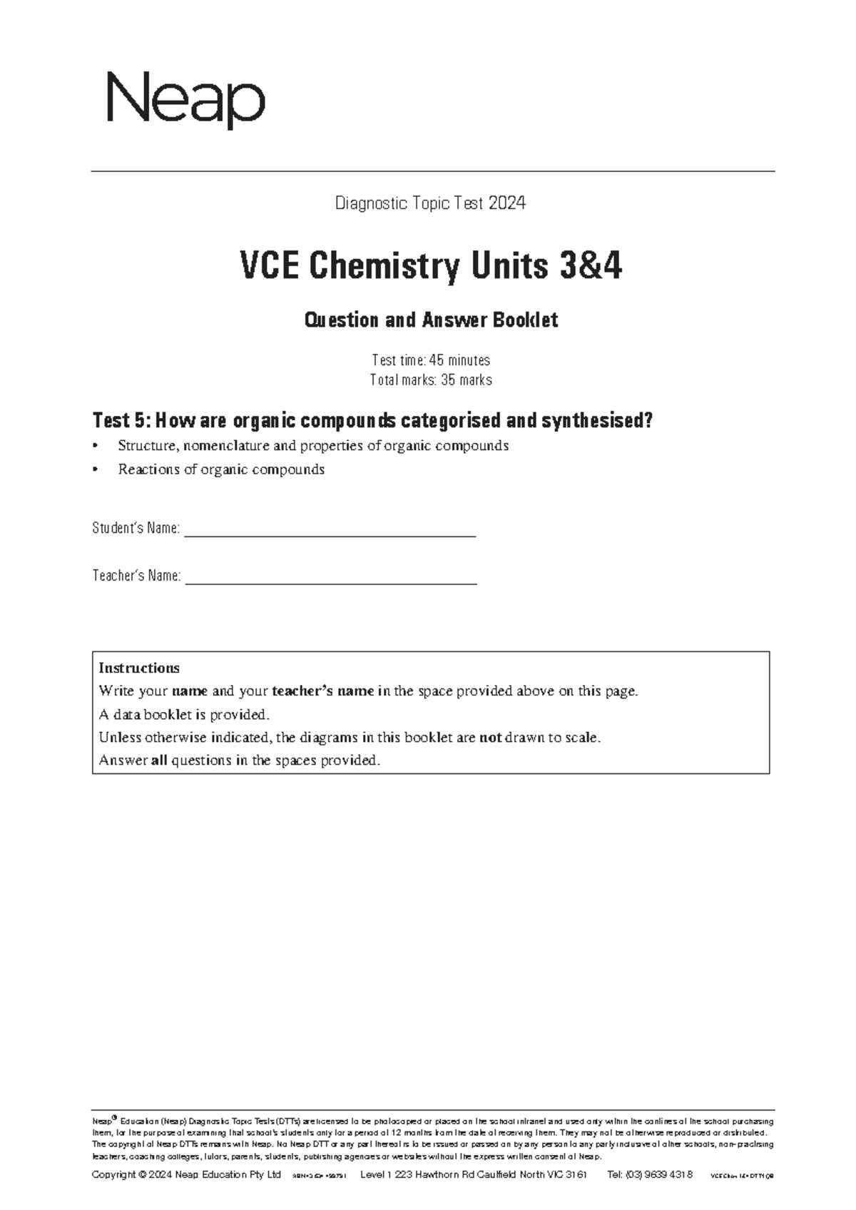 VCE Chemistry Units DTT5 Question & Answer Booklet 2024 - Studocu