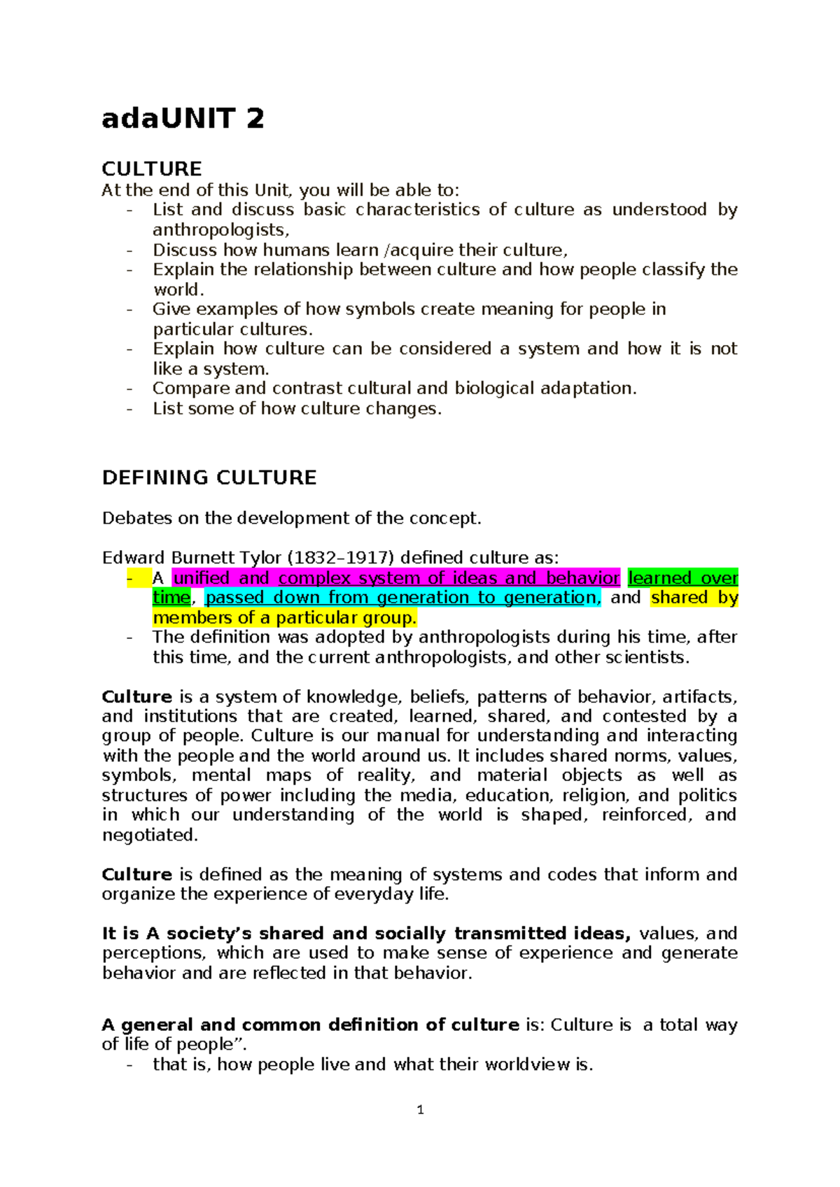 HANT011 UNIT 2 - Understanding Culture: Key Concepts and ...