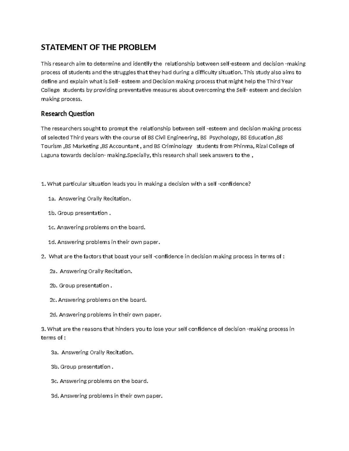 SOP CF - adwadasda - STATEMENT OF THE PROBLEM This research aim to ...