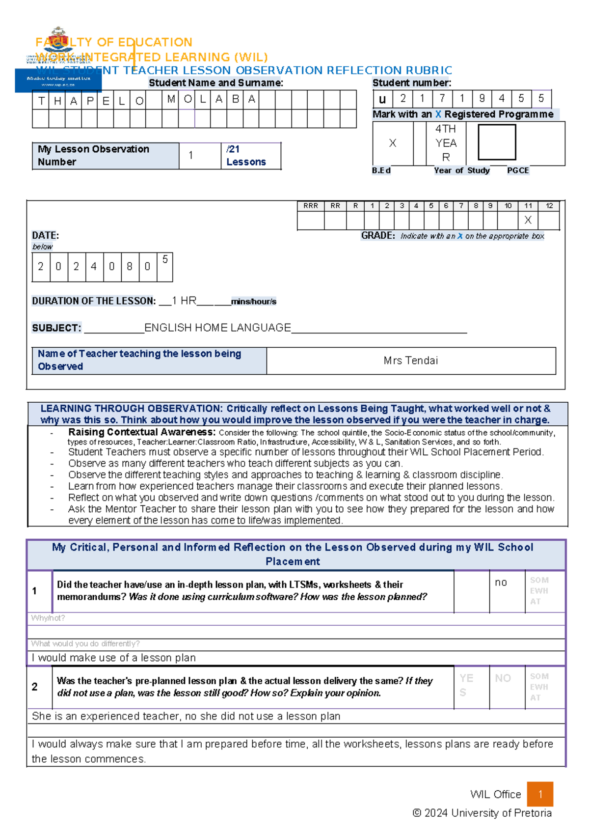 WIL Lesson Observation Reflection - Student Teacher 1 (B.Ed PGCE) - Studocu