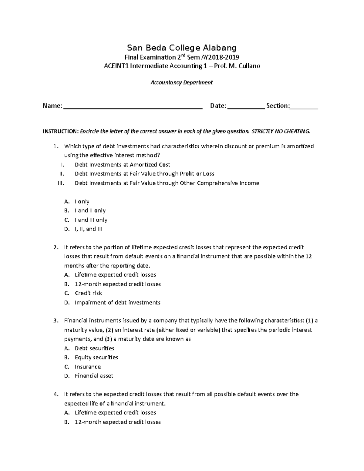 ACEINT1 Intermediate Accounting 1 Final Exam Questions AY 2018-2019 ...