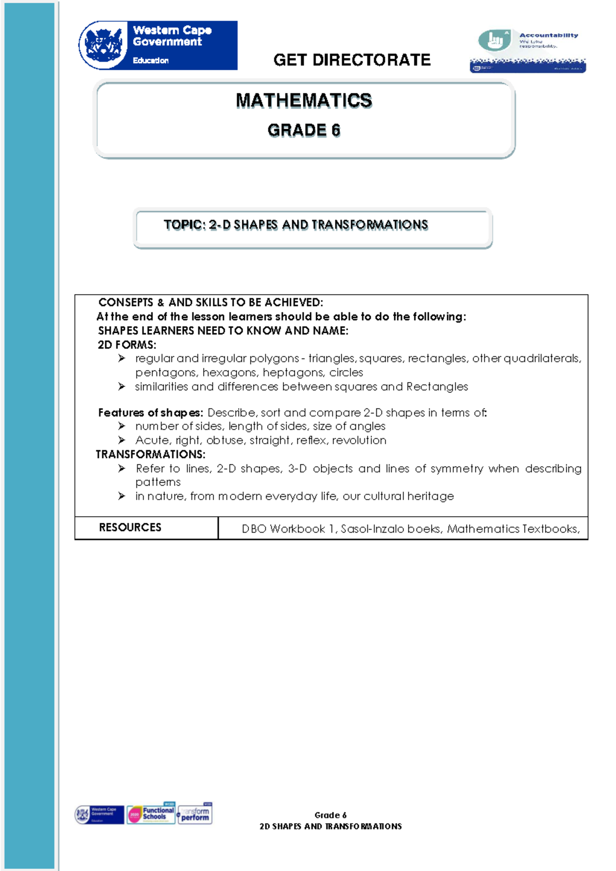 Grade 6 Mathematics Lesson: 2D Shapes & Transformations Overview - Studocu
