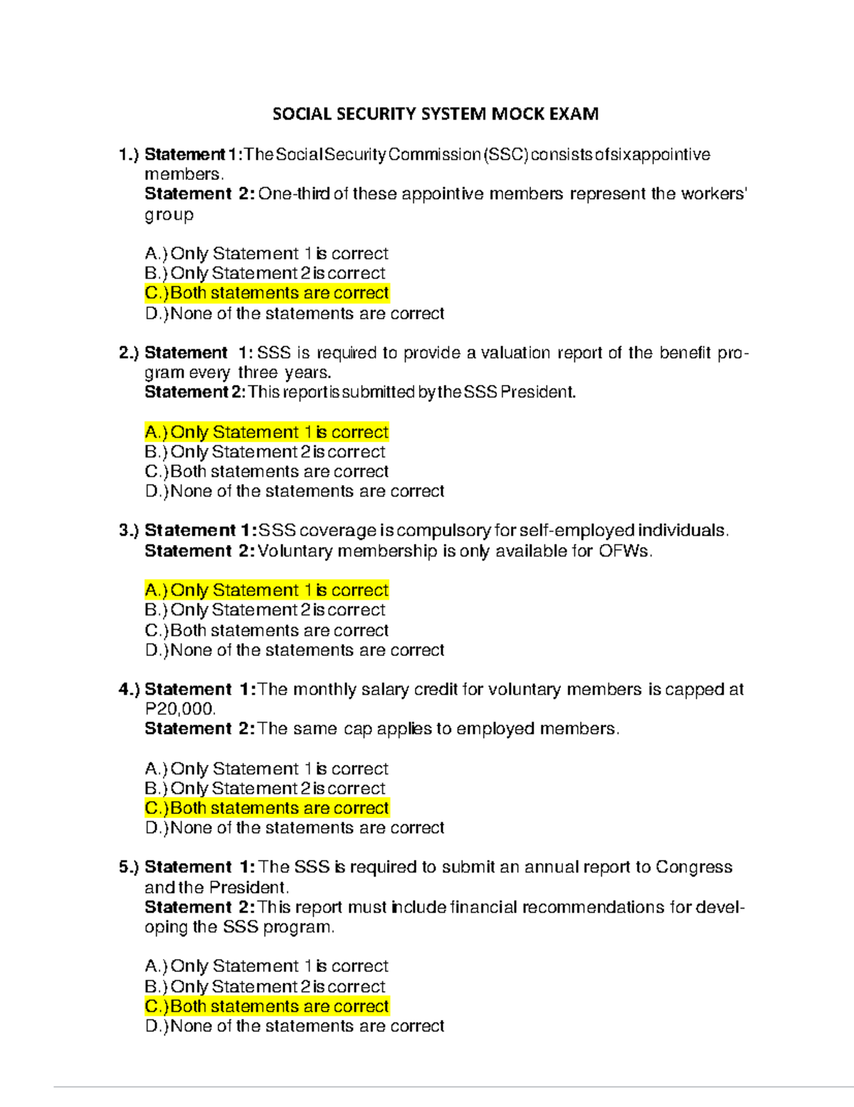 SOCIAL SECURITY SYSTEM MOCK EXAM: Key Concepts and Statements - Studocu
