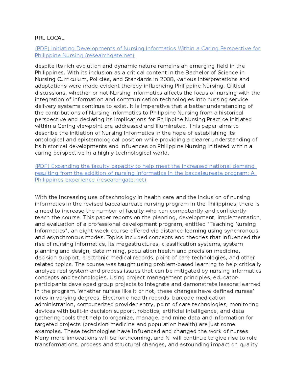 RRL Local: Nursing Informatics Development in the Philippines - Studocu