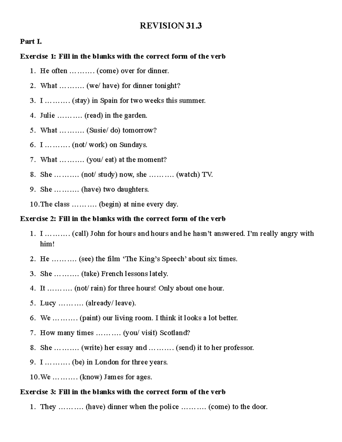 Revision 31.3: Verb Form Exercises and Conditional Sentences - Studocu