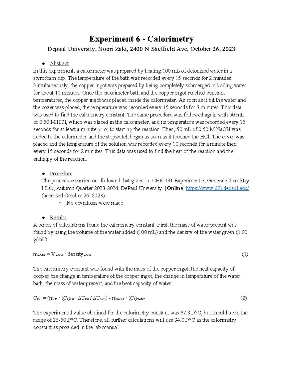 CHE 131 Final Lab Report: Experiment 6 - Calorimetry Analysis - Studocu